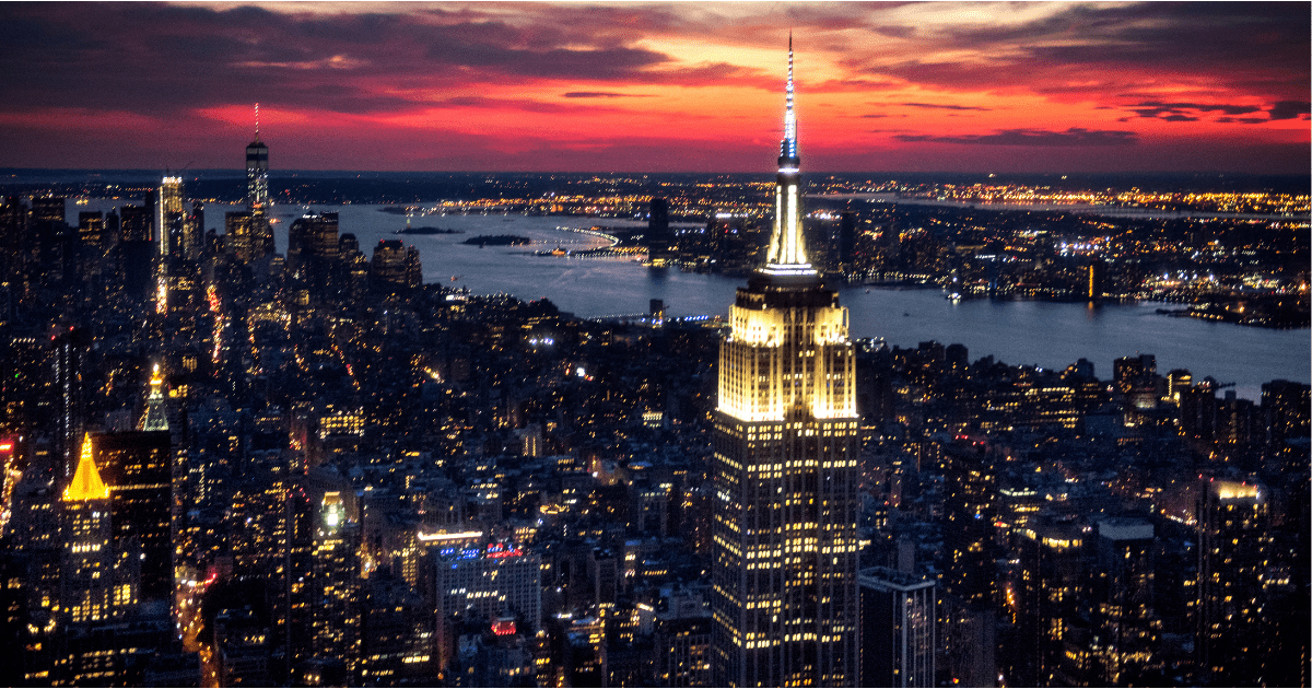 Empire State Building and New York City skyline at sunset