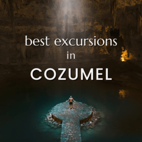 cenote ini cozumel lit from above. Text overlay says "Best excursions in Cozumel"
