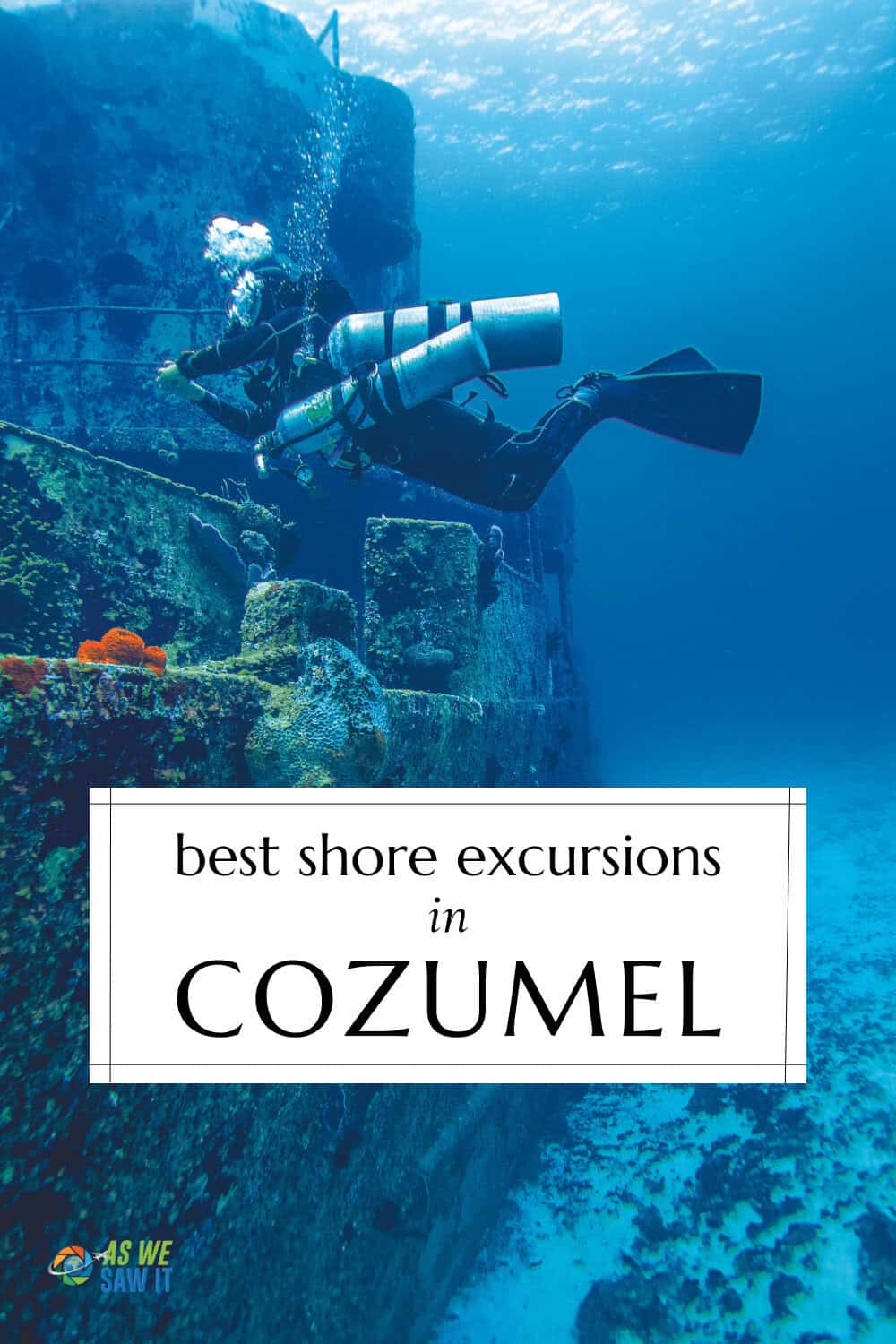 Scuba diver on Palancar Reef. The text overlay says "best shore excursions in Cozumel Mexico"