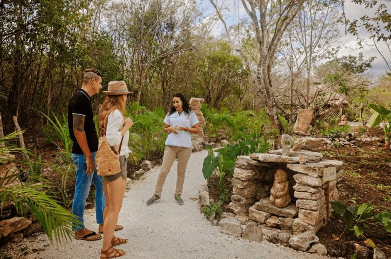Two people learning about the Mayan Bee Sanctuary