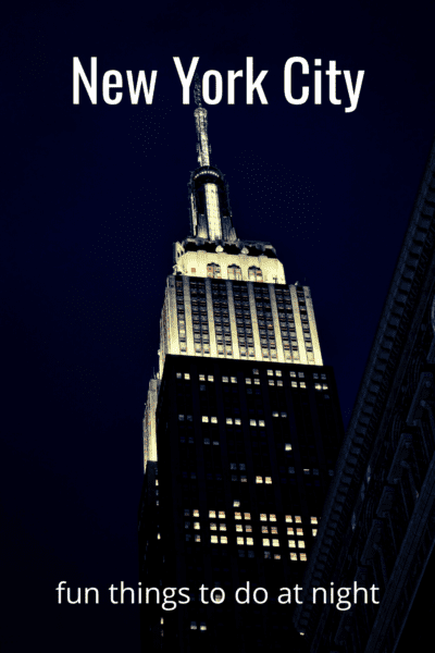 Top of the Empire State Building at night. Text overlay says "New York City fun things to do at night"