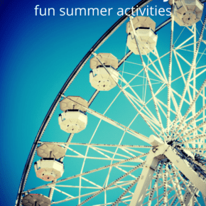 A segment of a Ferris wheel. The text overlay says "New York City fun summer activities"