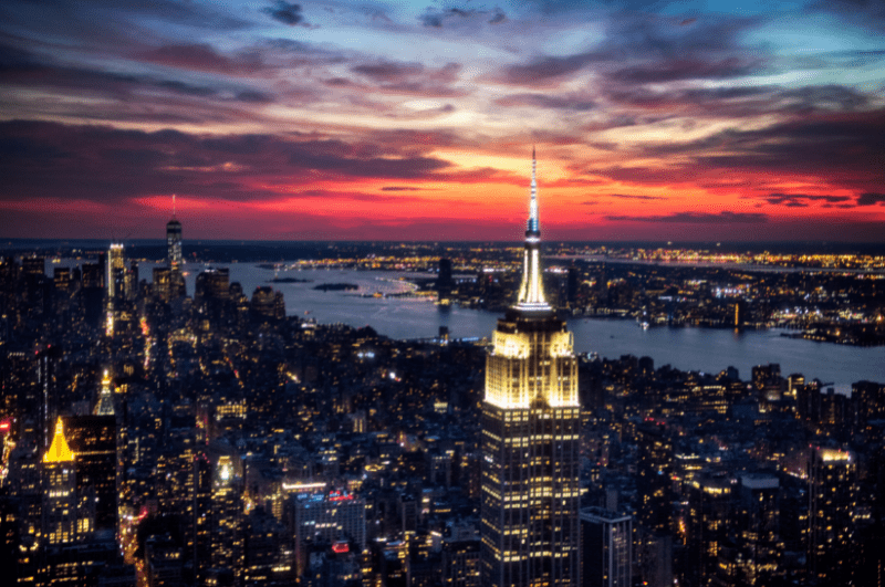 Empire State Building and New York City skyline at sunset