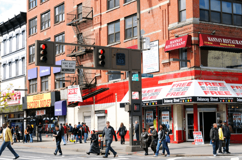 People walking around a New York City neighborhood