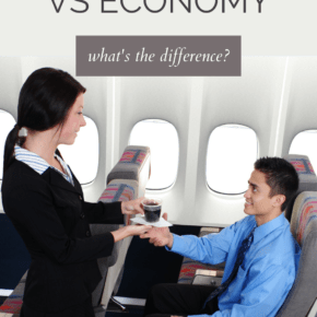 Flight attendant serving a drink to a man in business class. Text overlay says "business vs economy What's the difference?"