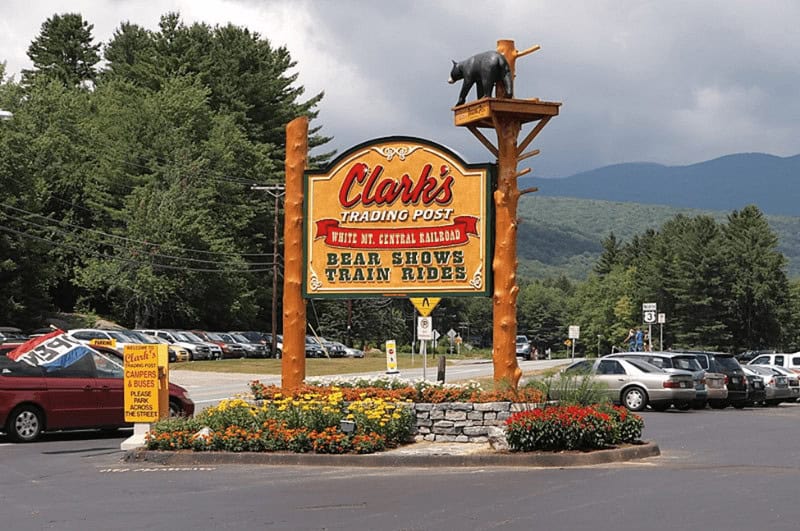 Sign at the parking lot entrance to Clark’s Bears in Lincoln, NH.