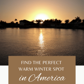 Palm trees of Marco Island silhouetted by a setting sun. The text overlay says "find the perfect warm winter spot in America: No Passport Required"