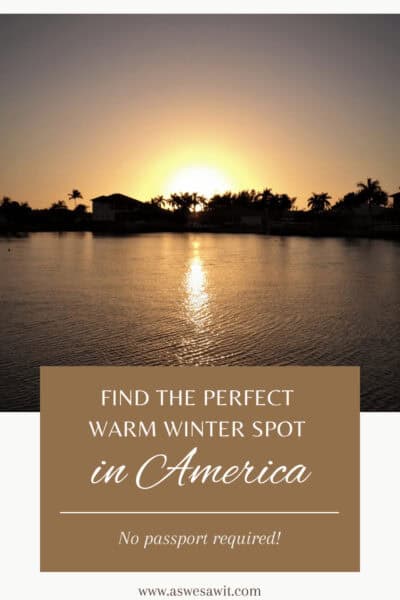 Palm trees of Marco Island silhouetted by a setting sun. The text overlay says "find the perfect warm winter spot in America: No Passport Required"