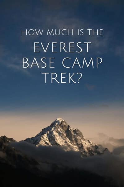 Mount Everest at sunrise. Text overlay says "hos much is the everest base camp trek"