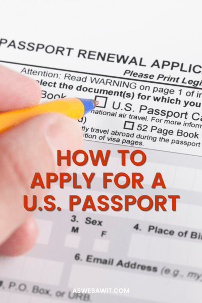 A hand holding a pen, positioned over an application for a US passport. Text overlay says "how to apply for a U.S. passport"