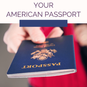 An outstretched hand holding an American passport. Text overlay says "how to apply for your American passport"