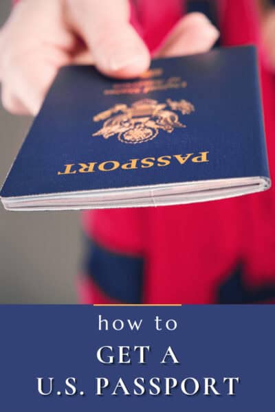 An outstretched hand holding an American passport. Text overlay says "how to get a U.S. passport"