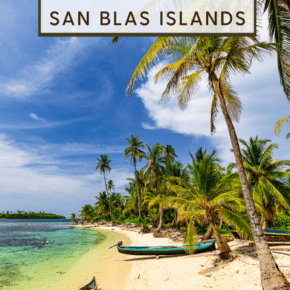 Palm trees along a sandy beach and turquoise waters. Text overlay says "how to visit Panama's San Blas Islands"