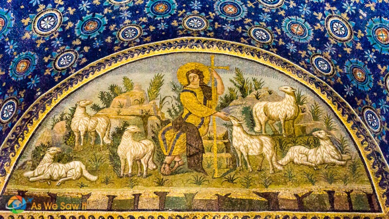 mosaic at the museum of Galla Placida in Ravenna Italy. The Good Shepherd with his sheep