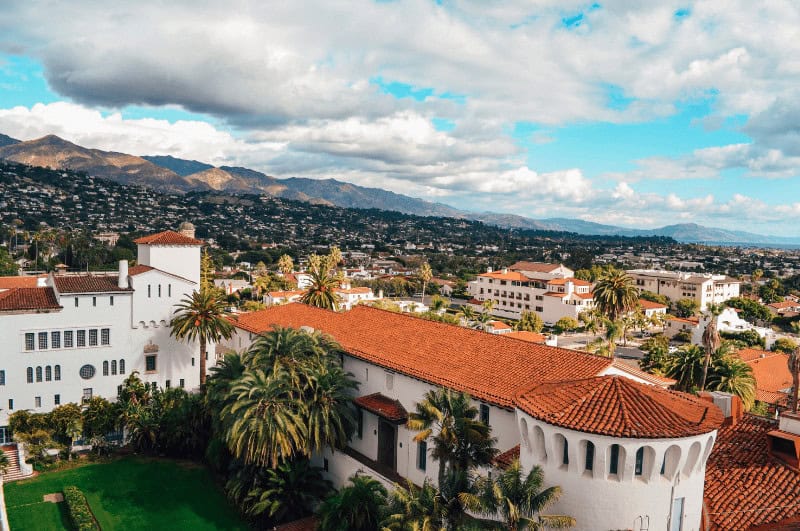 Building in Santa Barbara with mountains in background