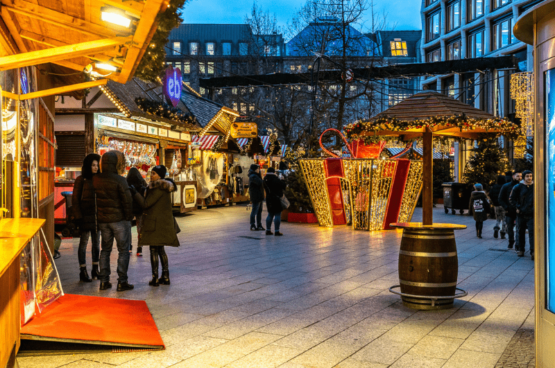 Booths and decorations at a Christmas market in Berlin Germany