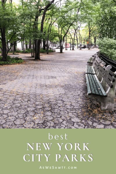 Sidewalk and park benches on a tree-lined path in Riverside Park, Upper West Side of Manhattan. Text overlay says "Best New York City Parks aswesawit.com"
