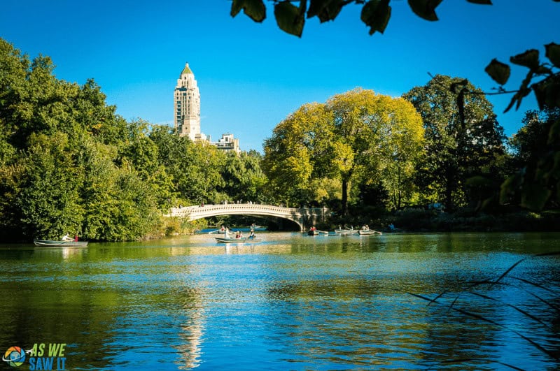 Tree leaves frame a bridge and lake in Central Park. Building in the background. Central Park is one of the best parks in NYC.