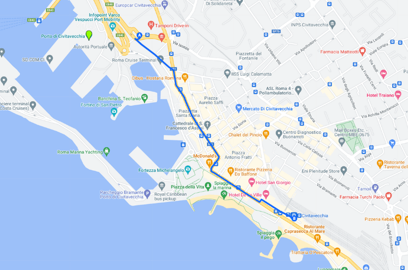 Civitavecchia port to train station map