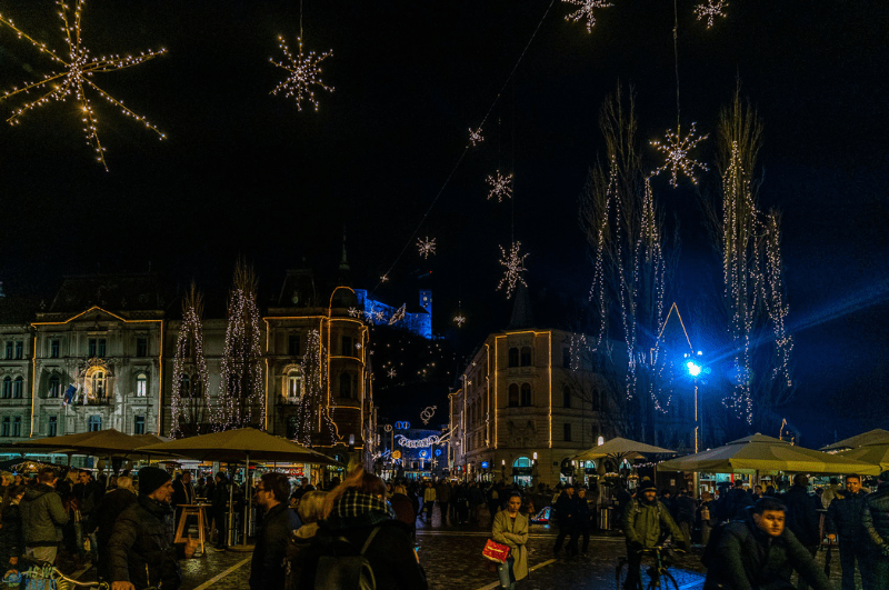 Christmas market in the town hall square in Ljubljana Slovenia