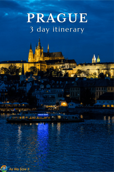 Prague Castle illuminated at night. Text overlay says "Prague 3 day itinerary"