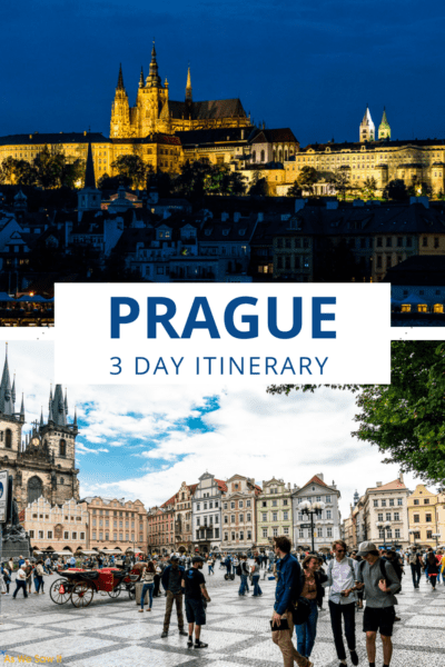 Top: Prague Castle illuminated at night. Bottom: tourists walking around Wenceslas Square. Text overlay says "Prague 3 day itinerary"