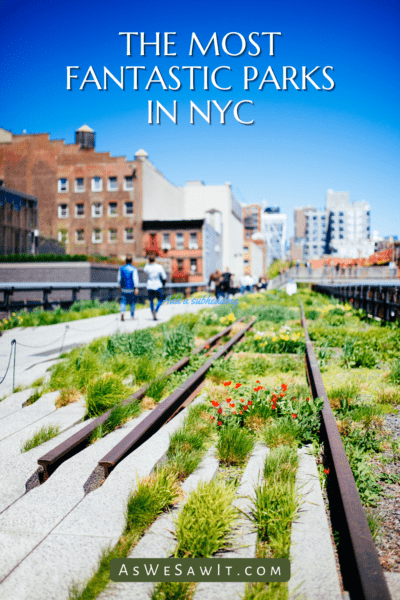 A variety of plants growing on the train tracks in The High Line park. Text overlay says "The Most Fantastic Parks in NYC"