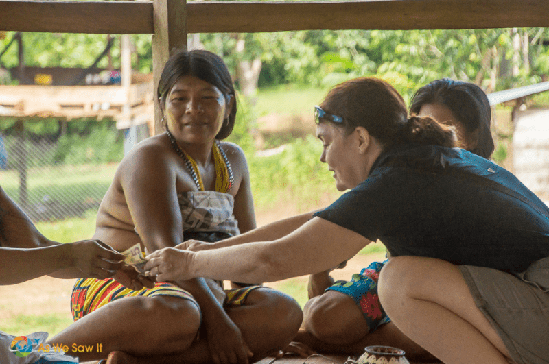 Linda buying a souvenir from Embera women in Darien Panama