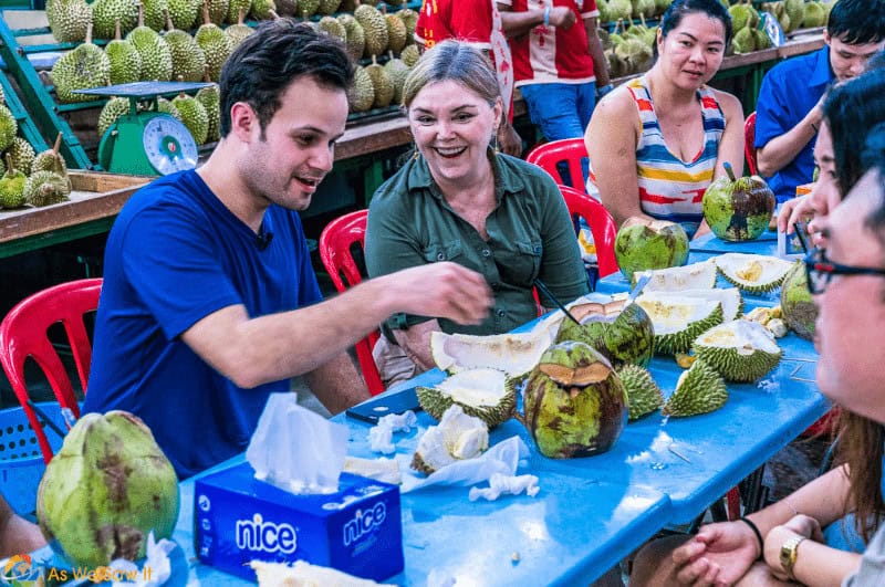 Linda trying durian fruit