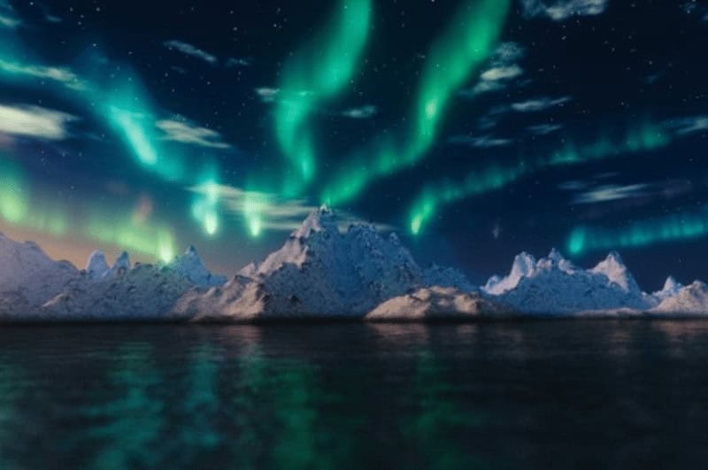 Aurora Borealis behind icebergs