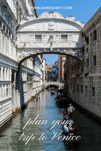 Bridge of Sighs and a gondola approaching. Text overlay says "Plan Your Trip to Venice."