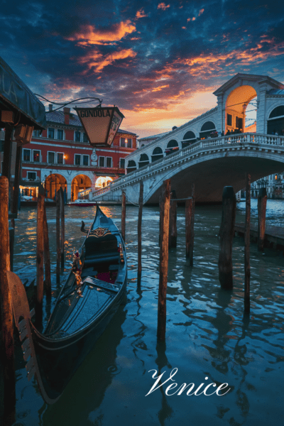 Sunset in Venice, with Ponte Vecchio and a gondola in the foreground. Text overlay says Venice.