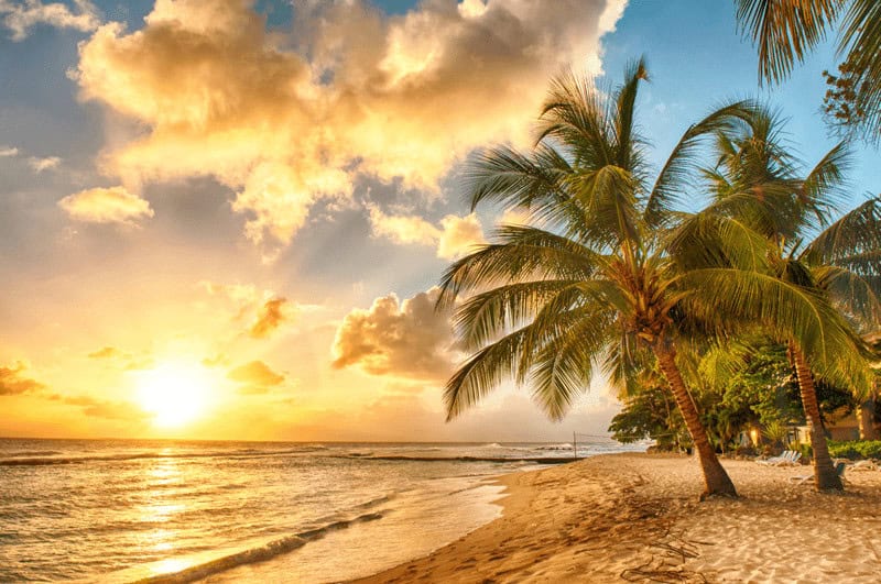 Golden sunset over the water in Barbados. Most people visit Barbados because of the beaches.