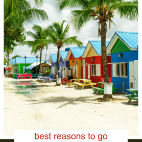 colorful houses on a beach. Text overlay says "best reasons to go Barbados."