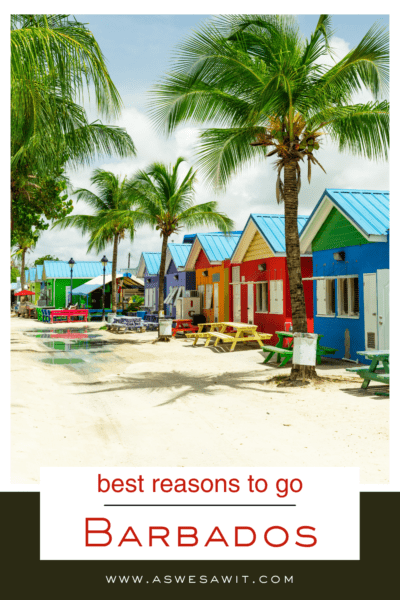 colorful houses on a beach. Text overlay says "best reasons to go Barbados."