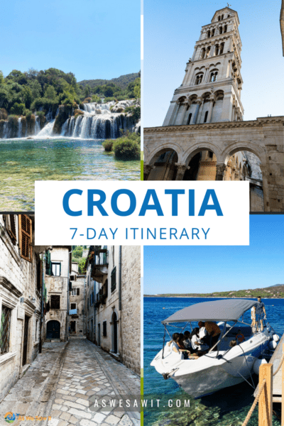 Clockwise from top left: Krka National Park waterfall, tower and arches in Split, boat on the water, narrow alleyway in Dubrovnikit Text overlay says Croatia 7 day Itinerary"