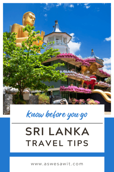 Large golden Buddha statue behind a temple and a tree. Text overlay says "know before you go Sri Lanka travel tips"