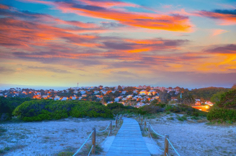 Sunset behind a town in Menorca