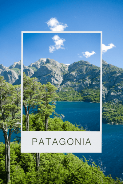 Lake in Patagonia. Text overlay says "Patagonia"