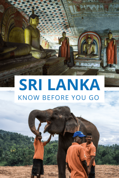 Top: Room full of Buddha statues. Bottom: 3 men with an elephant. Text overlay says "Sri Lanka know before you go"