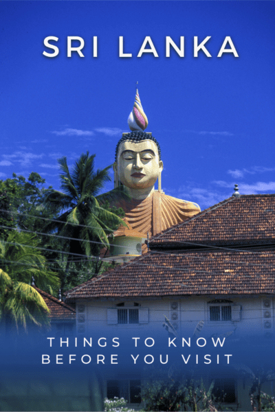 Large Buddha statue behind palm trees and a building. Text overlay says "Sri Lanka things to know before you visit"