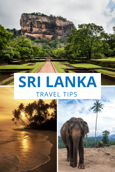 From top: Sigiriya UNESCO site, Mirissa Beach, Sri Lankan elephant Text overlay says "Sri Lanka travel tips"