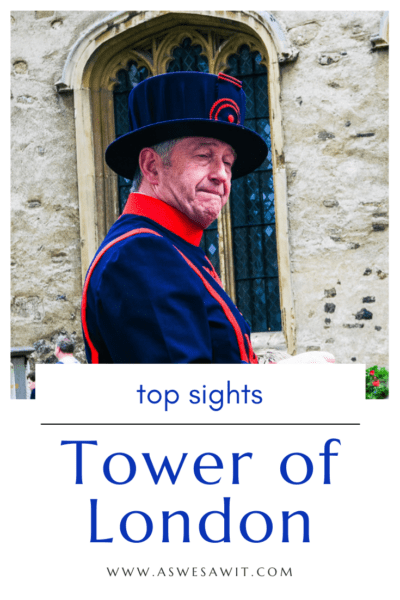 Beefeater. Text overlay says "Top Sights Tower of London"