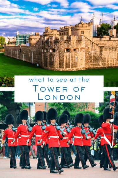 Top: grass-filled moat and walls of Tower of London. Bottom: Royal Guard. Text overlay says "what to see at the Tower of London"