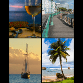 Clockwise: wine glass with beach in background, boardwalk along a beach, palm tree on a beach, sailboat. Text overlay says "why travel Barbados."