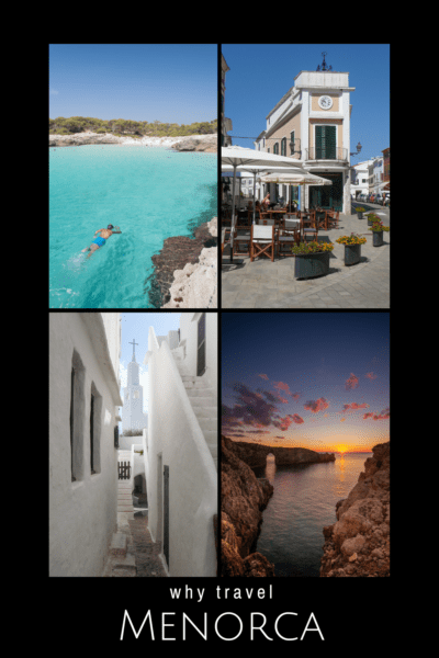 Clockwise from top: Person swimming in the water. Tables and building along a walkway. Sunset over the water, with rocks in foreground. White stucco alleywith a steeple in the background. Text overlay says "why travel Menorca"