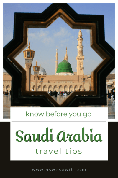 Mosque framed by a window. Text overlay says "know before you go Saudi Arabia travel tips"