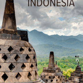 Domes at Borobodur Temple in Yogyakarta. Text overlay says "when should you visit Indonesia"