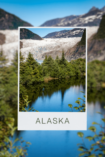 Lake, foret and glacier in Alaska. Text overlay says "glaciers in Alaska."