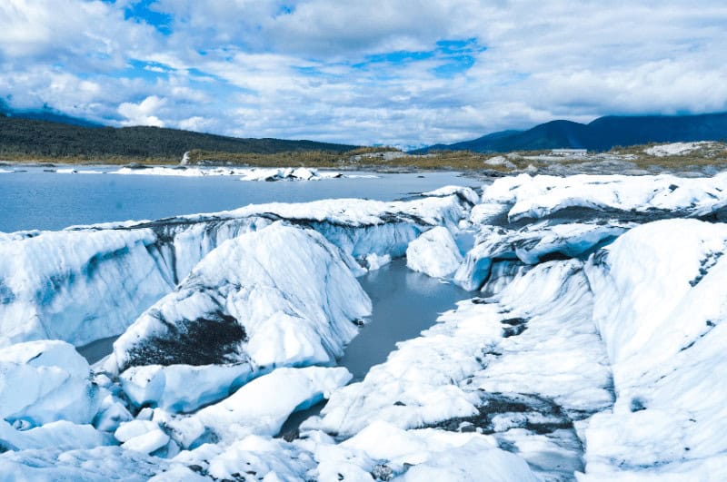 Alaska's Matanuska glacier, with forest in background.